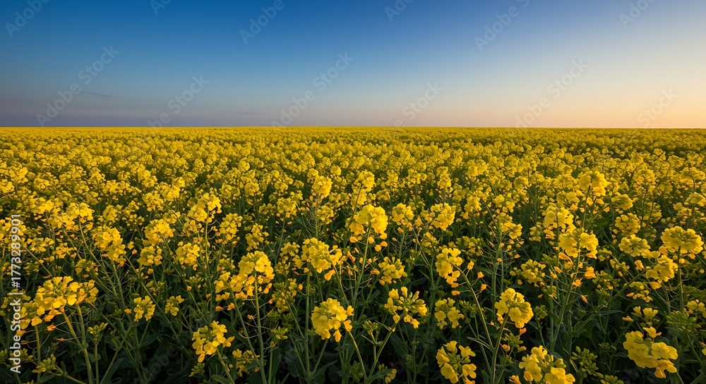 Fototapeta premium Vast Field of Yellow Flowers Under a Clear Blue Sky at Sunrise.