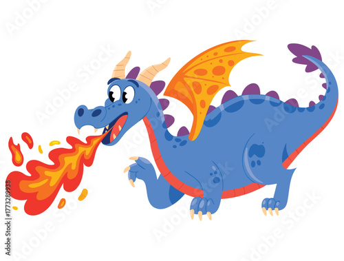 Illustration of blue dragon blowing fire fantasy themed vector design suitable for cartoon character mythical creature or fiery monster creative artwork