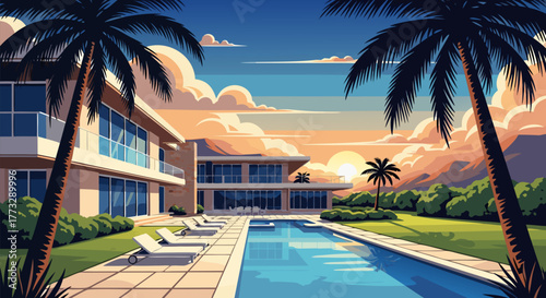 Serene sunset over a modern luxury villa with a large swimming pool and tropical palm trees in an idyllic landscape illustration