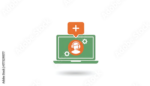 Vector illustration of laptop with nurse on monitor with talk bubble. Symbol of telenursing. Icon of telemedicine and ehealth