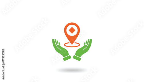 Vector illustration of location map pointer and hands. Symbol of address. Icon of tracking service, navigation