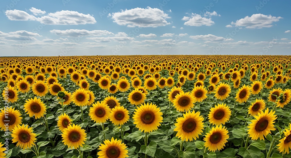 Fototapeta premium Vast Sunflower Field Under a Blue Sky with Fluffy Clouds.