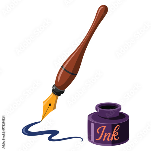 Illustration of ink bottle and pen isolated on white background vector design perfect for writing tools stationery artistic projects or calligraphy themes