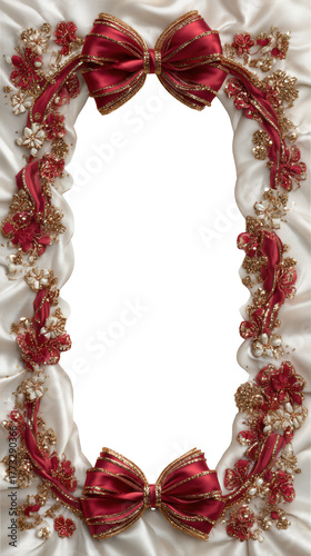 Elegant Floral Frame with Red Bows on Satin Background for Celebrations