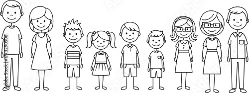 PrintCartoon people, black and white, diverse group, standing pose, line drawing, family characters, children, adults, vector illustration, simple style