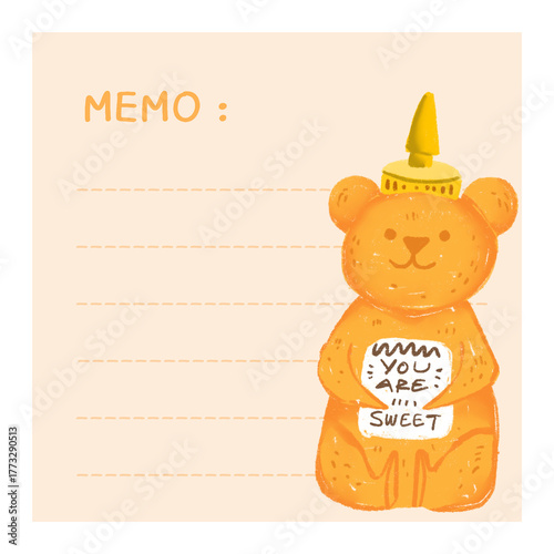 Post-it notes with a honey bear jar on the side