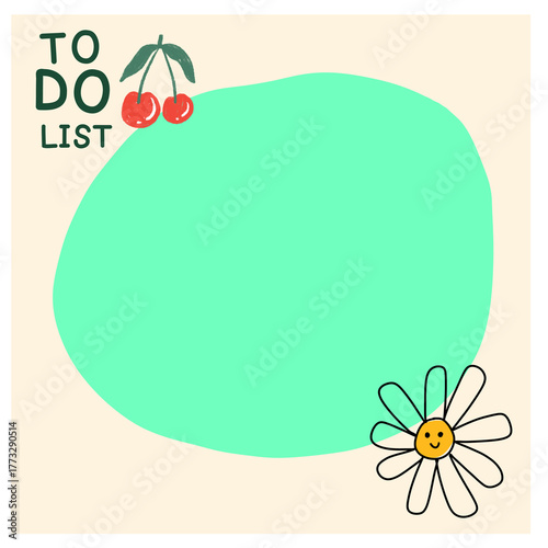 Post-it notes, to-do list, pastel yellow and green, with cherries and daisies on the sides.