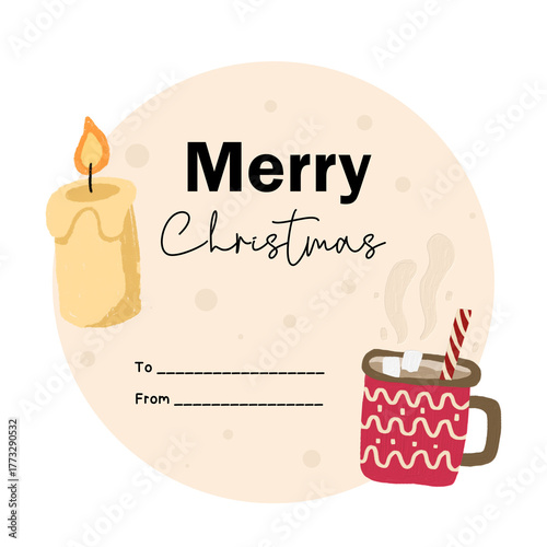 A tag with candles and a chocolate glass with marshmallows floating in the glass and a space for a message.