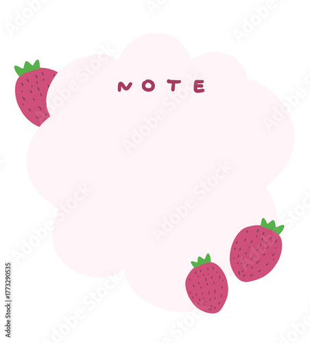 A pink wavy post with strawberries around it.