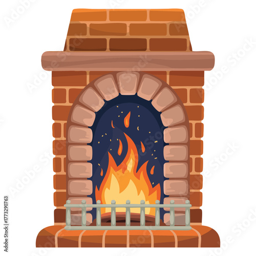 Isolated fireplace and hearth cartoon sticker vector illustration with red bricks stones burning firewood perfect for comfort warmth and cozy home themed design