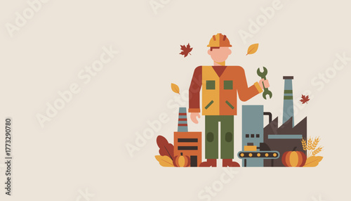 Industrial worker with wrench and factory background decorated with autumn leaves and pumpkins