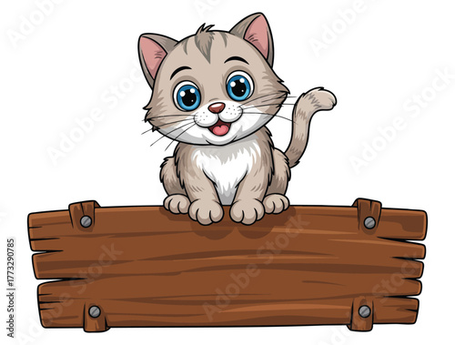 Isolated illustration of cat with empty wooden board on white background vector design ideal for cartoon animal humor expression sign display or artwork