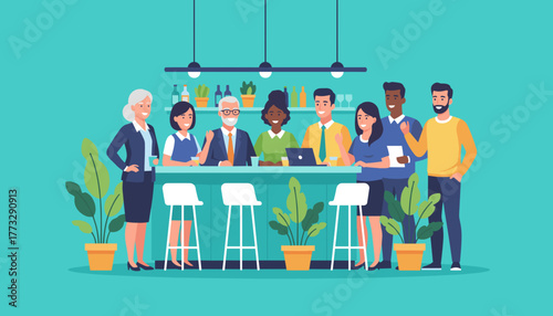 Diverse coworkers enjoying a casual office break or networking event near a bar counter