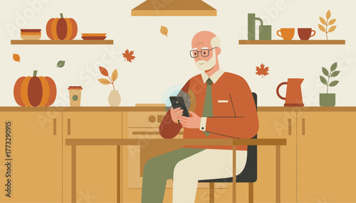 Senior man uses smartphone in a cozy autumn kitchen setting Technology digital lifestyle and retirement
