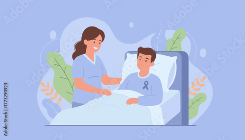 Nurse provides compassionate care to a smiling patient wearing a cancer awareness ribbon in the hospital