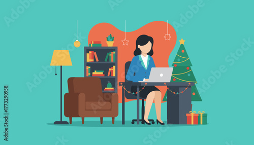 Businesswoman works remotely during the holidays in a decorated office Remote work Christmas