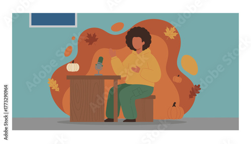 Fall podcasting Host broadcasting content in an autumnthemed studio