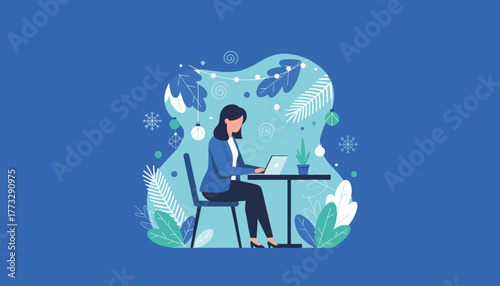 Professional woman working remotely on a laptop in a stylized festive winter workspace
