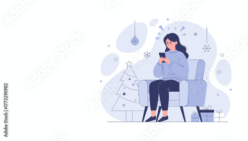Angry woman texting on smartphone by Christmas tree Holiday stress and digital frustration concept