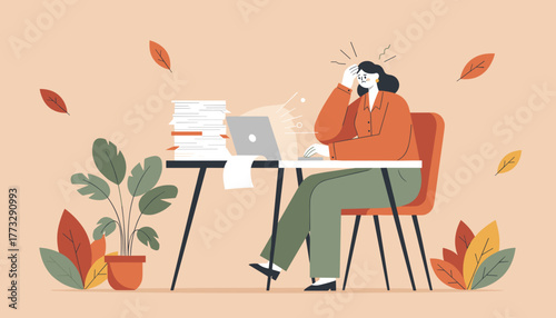 Overwhelmed woman suffering from work pressure and massive paperwork at her office desk