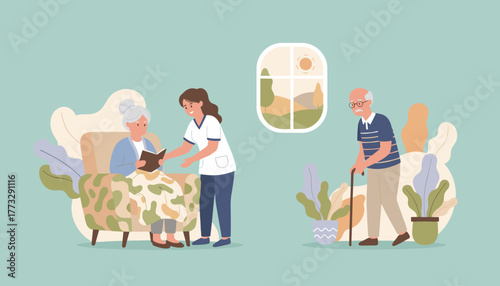 Professional care for seniors caregiver assists woman reading while elderly man uses cane in assisted living