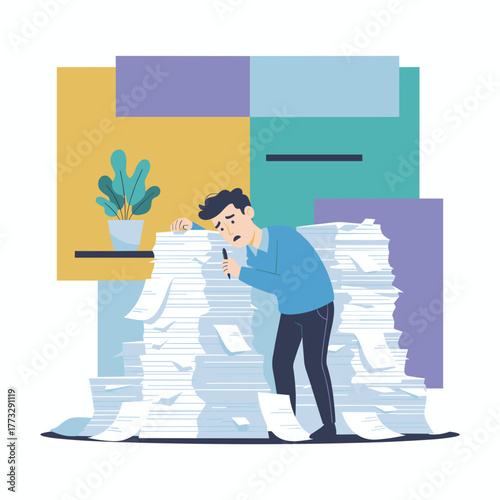 Stressed employee buried in a mountain of office paperwork representing burnout and excessive workload
