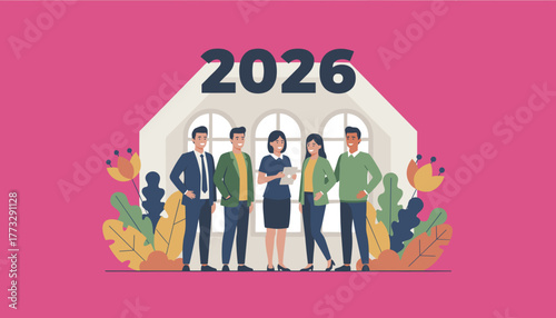 Diverse business team collaboration for 2026 goals and corporate future