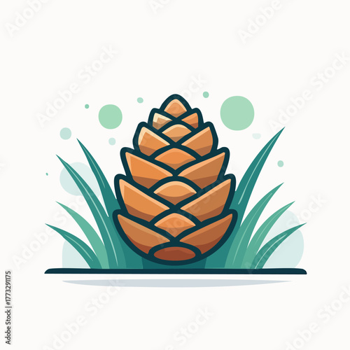 Pine Cone Illustration with Green Grass and Subtle Background Elements.