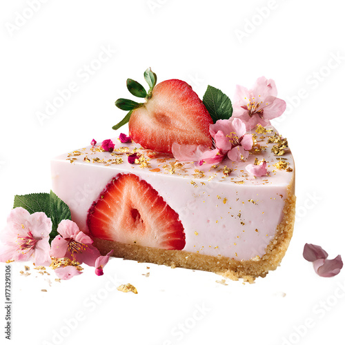 Gourmet strawberry and sakura tartlet with cherry blossoms. Elegant pink mousse cake slice with gold flakes. Isolated on black background.