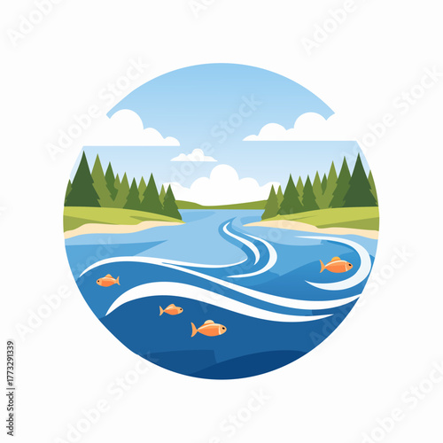 River Landscape with Fish and Forest Illustration.