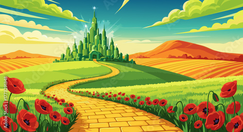The Emerald City A Vibrant Illustration of the Famous Yellow Brick Road, Poppy Fields, and Landscapes