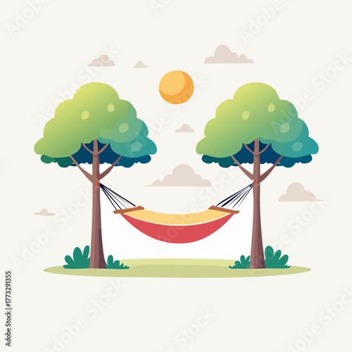 Relaxing hammock between trees under the warm summer sun.