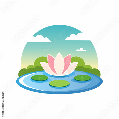 Serene Lotus Pond Illustration with Lily Pads and Sky.