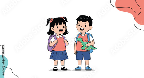 Happy elementary school students, a boy holding a dinosaur toy and a girl with pigtails, are ready for a fun day of learning at school.