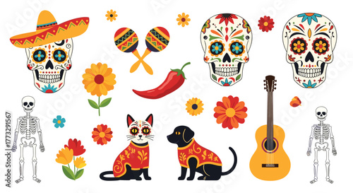 A vibrant collection of traditional Mexican Day of the Dead elements, featuring colorful sugar skulls, a catrina cat, a mariachi dog, musical instruments, and festive flowers.