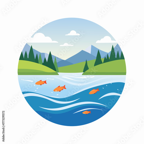 Serene River Landscape with Fish and Mountain Backdrop.