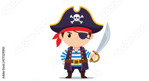 A charming cartoon boy pirate stands confidently, wearing a classic tricorne hat with a skull and crossbones, an eyepatch, and a striped shirt, holding a gleaming cutlass.