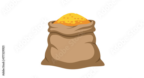 An open, traditional brown burlap sack brimming with bright yellow granular material, possibly corn or wheat, against a clean white background, signifying abundance and harvest.