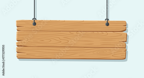 An empty rustic wooden sign made of three planks, hanging from two ropes against a light blue background, ready for custom text or message.