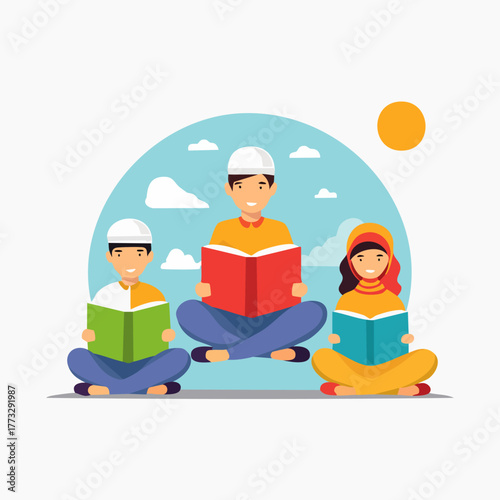 Three Muslim children reading books together, learning and studying in a peaceful setting.