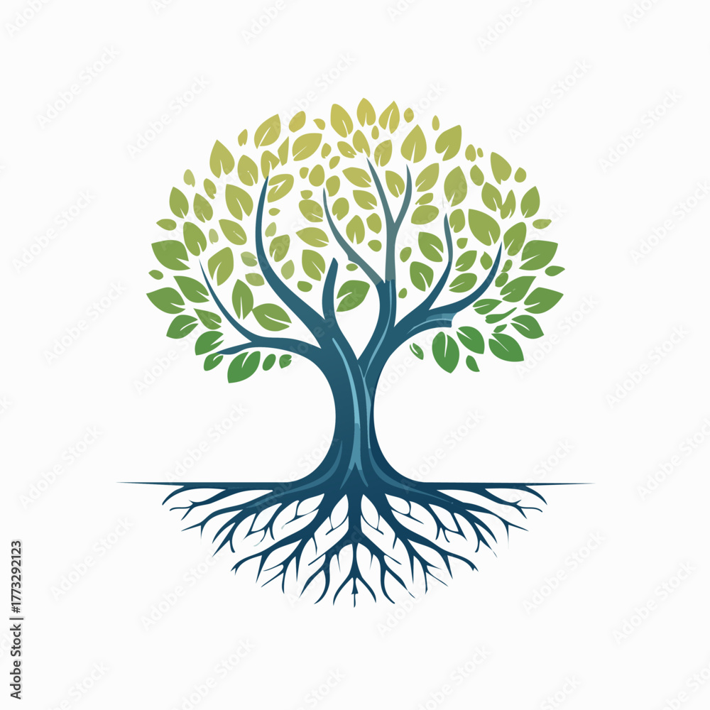 Naklejka premium Tree of Life Symbol with Roots and Green Leaves.