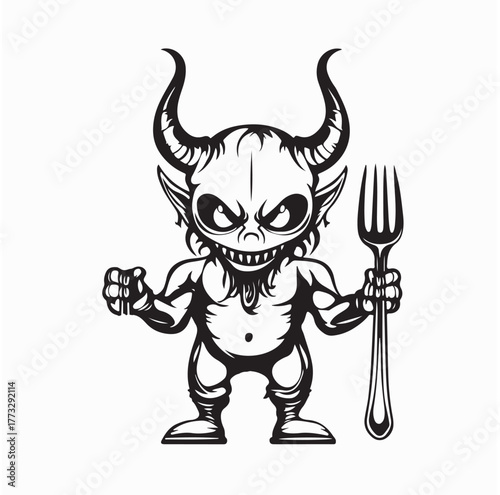 Evil Demon Standing with Cutlery Symbol of Gluttony Vector Design