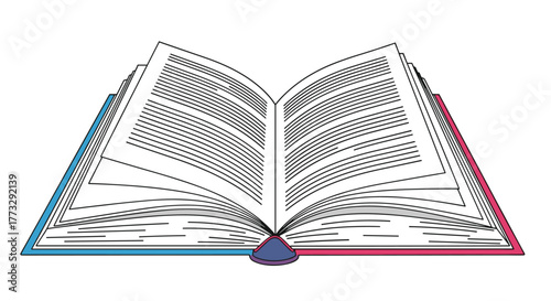 An open book with fanned-out pages displays abstract text, symbolizing education, literature, or the sharing of information and stories in a vibrant, engaging illustration.