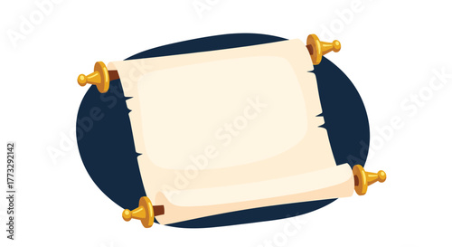 An ancient-looking, blank parchment scroll, unrolled and held by ornate golden finials, positioned against a dark blue oval, ideal for a message, map, or decree.