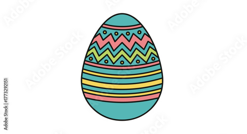 A cheerful and vibrant Easter egg illustration featuring colorful zigzag patterns, horizontal stripes, and decorative dots, perfect for spring holiday designs on a clean white background.
