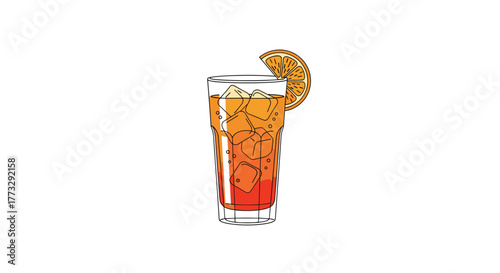 A refreshing orange-colored summer cocktail with ice cubes and an orange slice garnish, served in a tall glass, perfect for a hot day illustration.