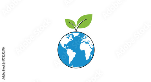 A stylized illustration of a vibrant blue Earth with white continents, featuring two fresh green leaves sprouting from its top, symbolizing global environmental protection and sustainable living.