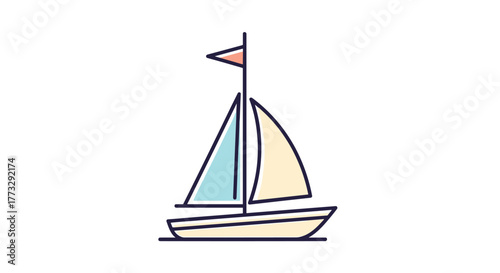 A minimalist and colorful vector illustration of a sailboat with a tall mast, a small orange flag, and two triangular sails, one blue and one cream, embodying maritime leisure and travel.