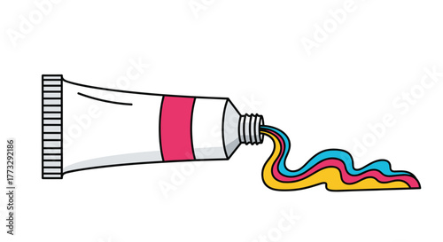 A brightly colored graphic shows a white paint tube squeezing out vibrant streams of pink, blue, and yellow colors, mixing together playfully.