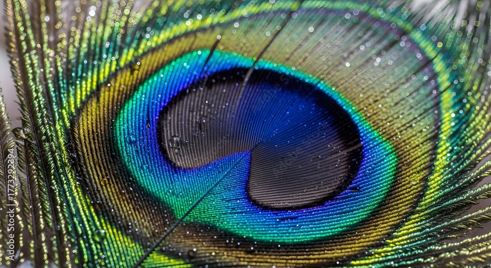 Fototapeta premium Close-up macro shot of a vibrant peacock feather with iridescent hues and intricate eye pattern